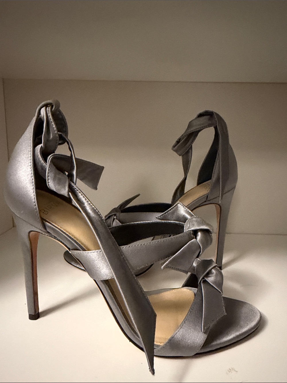 Alexandre Birman Silver Satin Knotted Ankle-Tie Stilettos